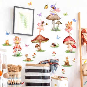 Detailed wall sticker layout featuring watercolor fairies, mushrooms and forest animals