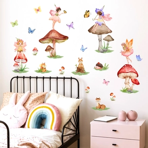 Watercolor fairy garden wall decals with mushrooms and butterflies for nursery decor