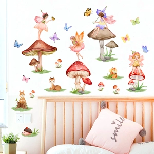 Cartoon Fairy Mushroom Wall Stickers PVC Self-Adhesive Watercolor Forest Animals Butterflies Decals For Kids Room Nursery