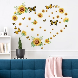 Sunflower Butterfly Wall Stickers PVC Self Adhesive Floral Decals For Bedroom Living Room Window Glass Decoration