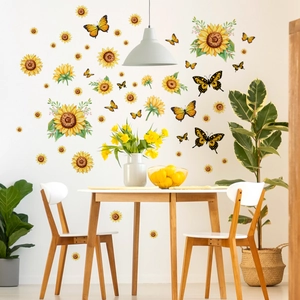 Sunflower and butterfly wall stickers set in a cozy Nordic style dining room decor