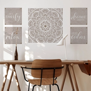 Detailed close-up of 5-piece Bohemian Mandala wall art set with inspirational quotes