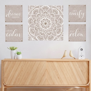 5-piece Bohemian wall art set featuring mandala patterns and yoga-inspired quotes for bedroom decoration