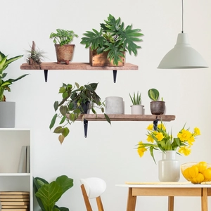 Two-piece solid wood floating shelves with black metal brackets for wall decor