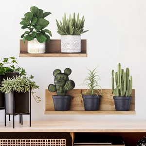 L-shaped wooden floating shelves with natural grain and decorative potted plants on wall