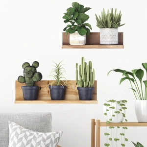 Detail of wooden wall-mounted shelves with various artificial potted succulent plants