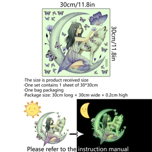 Luminous wall decal featuring a girl on the moon with butterflies and wolf in 30x30cm