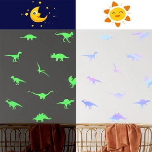 Luminous dinosaur wall stickers for kids' rooms showing day and night glowing effects