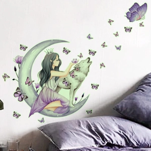 Luminous wall sticker with a crown girl, crescent moon, and white wolf in dreamy purple