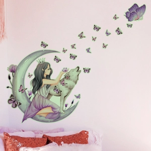 Luminous moon and girl wall sticker set with purple butterflies for bedroom decor