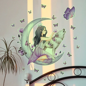Luminous wall stickers with moon girl, wolf and purple butterflies for bedroom decor