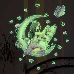 Glow In The Dark Moon Girl Wolf Wall Stickers PVC Luminous Butterfly Wall Decals For Bedroom Kids Room Decor Nordic Style