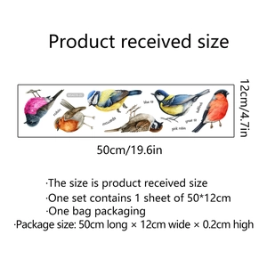 Colorful bird wall stickers featuring robins and blue tits in 50cm x 12cm dimensions
