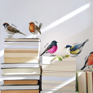 Colorful realistic bird wall decals set featuring sparrow and robin on white wall decor