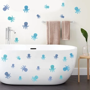 Cute cartoon octopus bathroom wall stickers in light blue and purple for bathtub decor