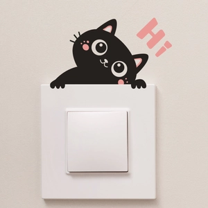 Creative black cartoon cat wall sticker with pink Hi text for light switch decoration