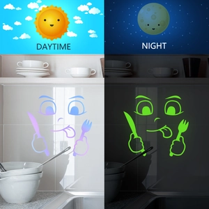Glow-in-the-dark emoji sticker comparison showing daytime purple and nighttime green glow