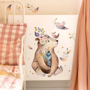 Detail of watercolor brown bear wall sticker with birds and feathers for nursery decor