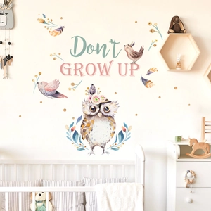 Cartoon owl wall sticker with birds and Don't Grow Up quote for kids room decor