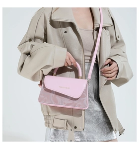 Detalle del bolso cuadrado rosa con paneles semitransparentes en relieve y logo dorado
