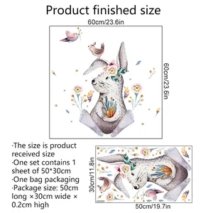 Size chart for cartoon animal wall decal showing finished 60x60cm and received 50x30cm dimensions
