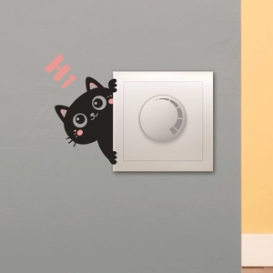Self-adhesive black cartoon cat wall sticker with Hi text for switch and wall decoration