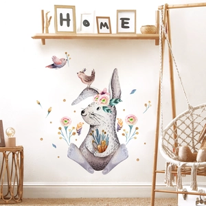 Watercolor bunny with floral wreath and birds wall sticker for kids room decor