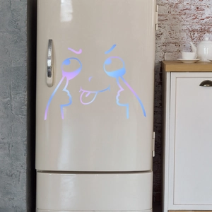 Luminous cartoon emoji fridge stickers with blue-purple gradient on a vintage refrigerator