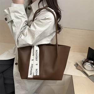 Minimalist large capacity dark brown tote bag with fashion ribbon for daily commuting