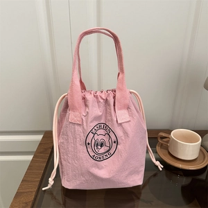 Fashion Waterproof Nylon Drawstring Bucket Bag Women Lightweight Tote Handbag Cartoon Print Daily Commuting Lunch Box Bag