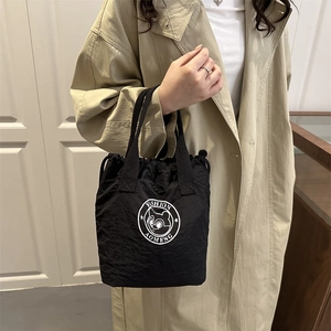 Fashionable black nylon drawstring bucket bag with panda logo for daily commute