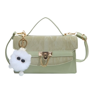 Fashionable light green leather shoulder bag with marble pattern flap and plush charm