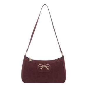 Burgundy leopard texture crescent underarm bag with gold bow and suede finish