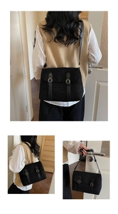 Detailed views of a black suede messenger bag with metallic buckles in a chic home setting