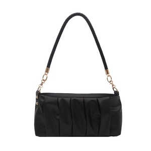 Minimalist black pleated underarm bag with elegant woven handle and gold hardware detail