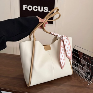 Women Luxury PU Leather Tote Bag Large Capacity Commuter Shoulder Bag With Small Inner Pouch And Polka Dot Scarf Handbag