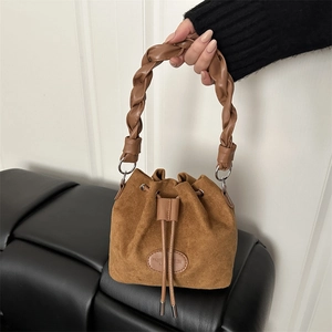 Retro Frosted Faux Suede Bucket Bag For Women Minimalist Drawstring Crossbody Bag With Woven Handle Fashion Shoulder Bag