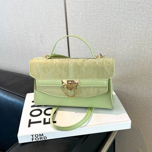 Minimalist light green PU leather shoulder bag with gold chain and pleated texture detail