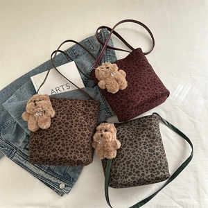 Three colors of vintage leopard print bucket bags with cute teddy bear pendants