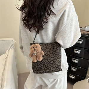 Vintage leopard print suede bucket bag with teddy bear charm for autumn and winter