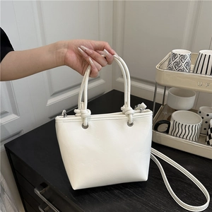 Retro PU Leather Bucket Tote Bag For Women Minimalist Handbag Knot Handle Adjustable Strap Solid Color Crossbody Bag