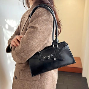 Minimalist black leather underarm shoulder bag with silver hardware for women
