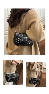 Collage of black patent leather baguette bag with silver studs and chain strap
