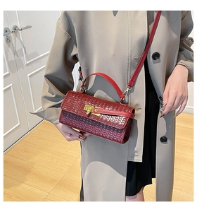 Close-up of wine red woven texture Kelly bag with gold lock and khaki trench coat