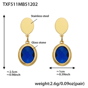 Detail of 18k gold plated drop earrings with navy blue faceted glass stones and dimensions