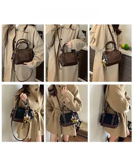 Boston bag showcase featuring matte suede patchwork and cute bear pendant detail