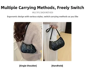 Detail of black quilted shoulder bag featuring premium PU leather and metal zipper