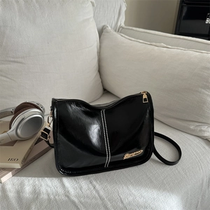 Retro Women Glossy PU Leather Crossbody Bag Contrast Stitching Shoulder Handbag With Adjustable Strap Fashion Daily
