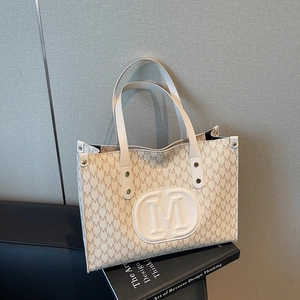 Retro Minimalist Large Capacity Tote Bag For Women PU Leather M Monogram Print Shoulder Handbag Fashion Commuting Satchel
