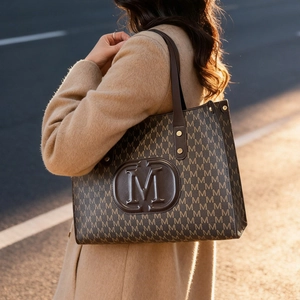 Retro large capacity monogram tote bag for women with dark brown leather shoulder straps